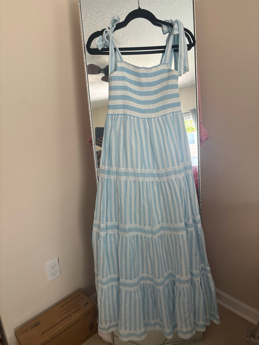 Cara Light Blue & White Striped Tie-Shoulder Maxi Dress